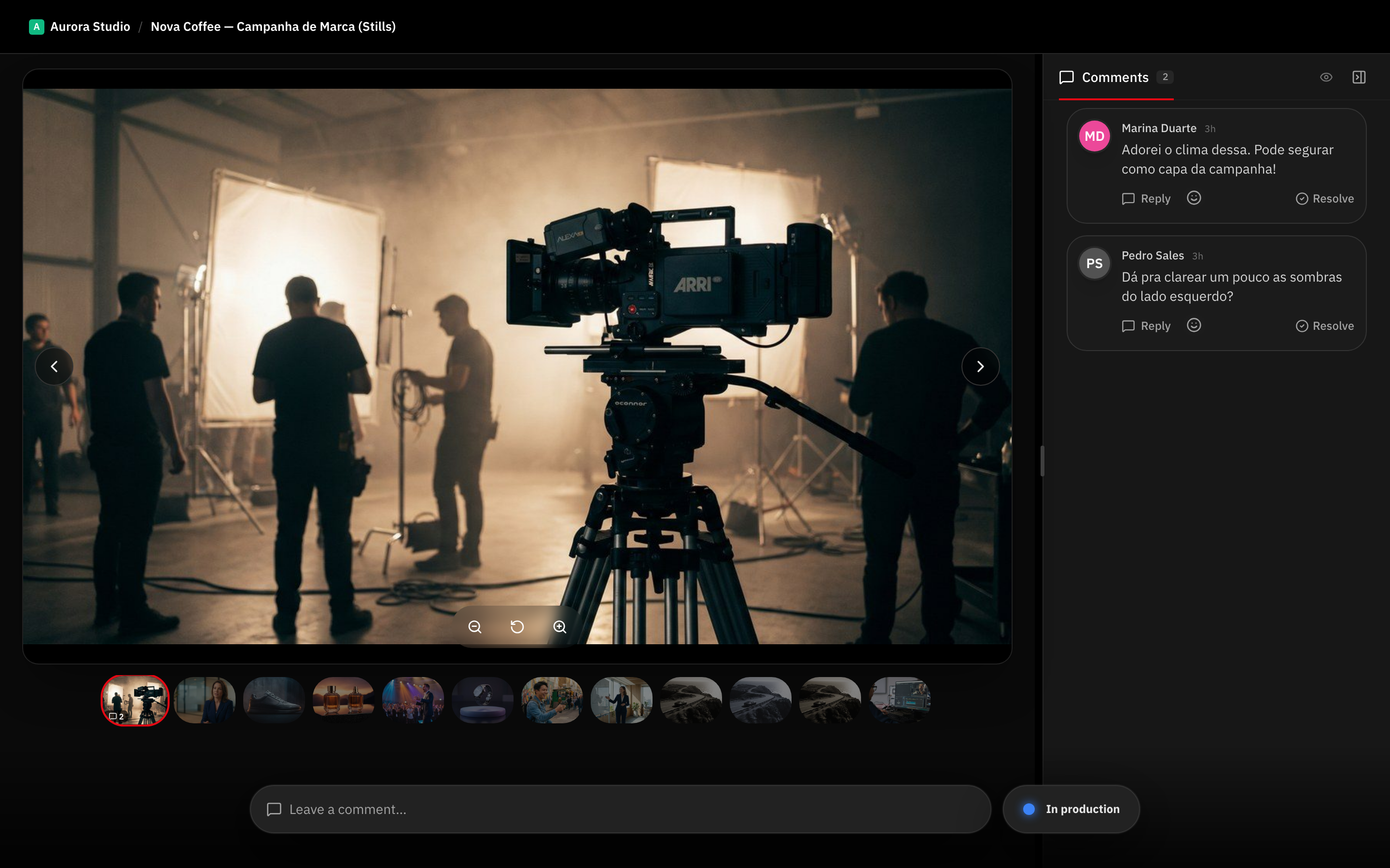 Photo gallery review with client comments, filmstrip, and approval status